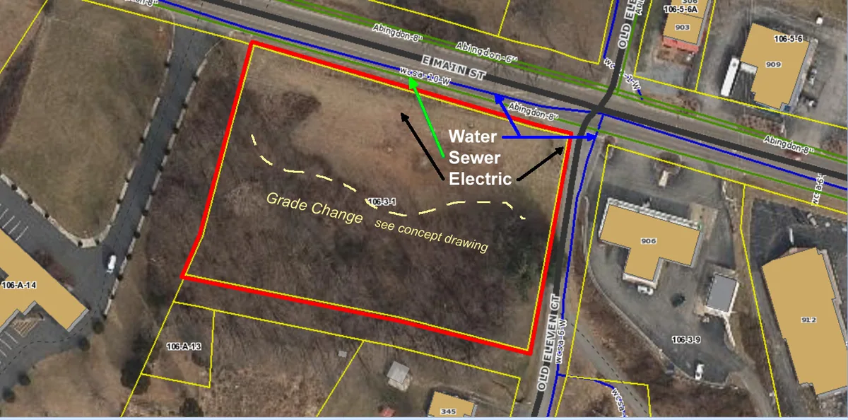 Utilities and grade plan overlay for a development parcel at Interstate 81 Exit 19 in Abingdon, Virginia