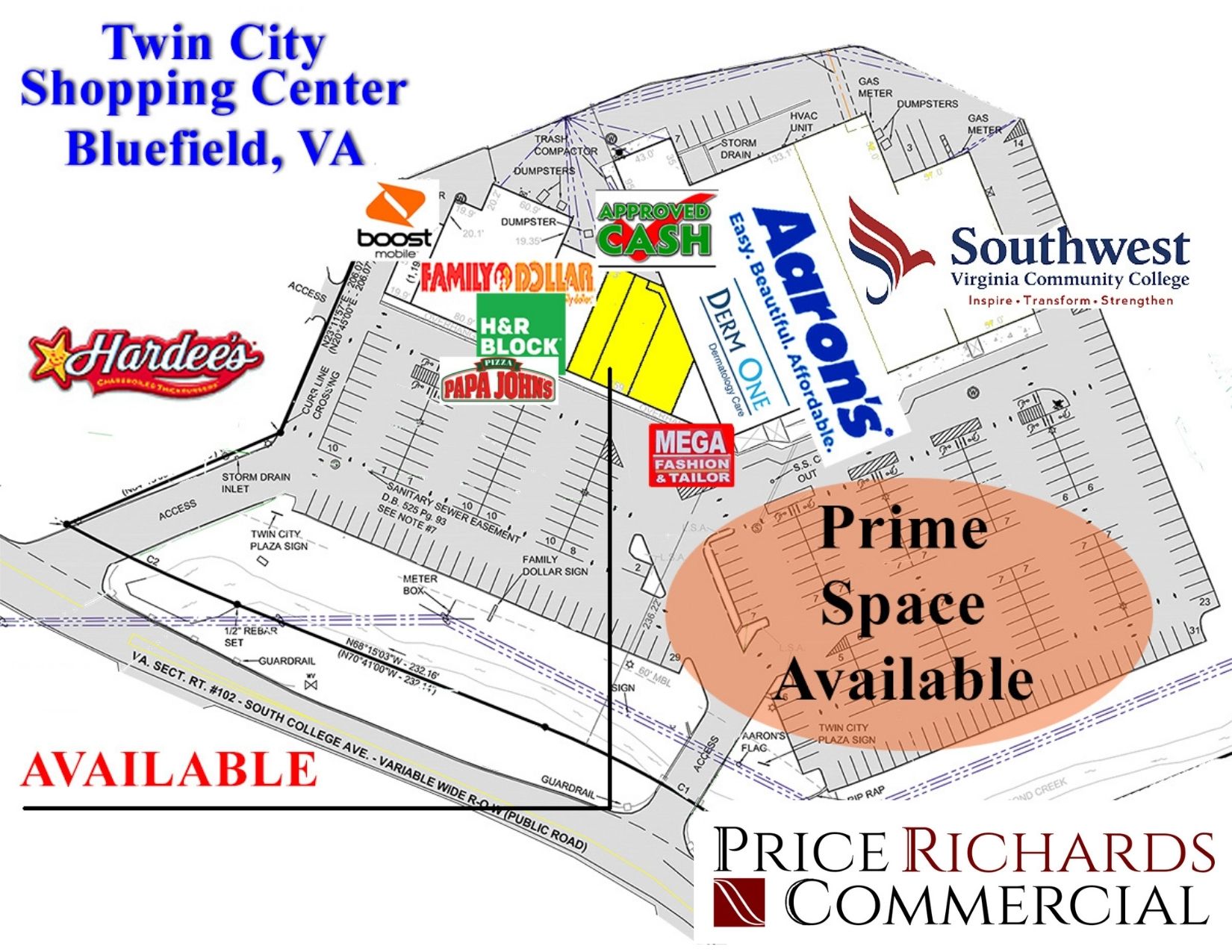 In-house site plan for Twin City Shopping Center in Bluefield, Virginia, annotated to show the available prime retail space and surrounding tenants